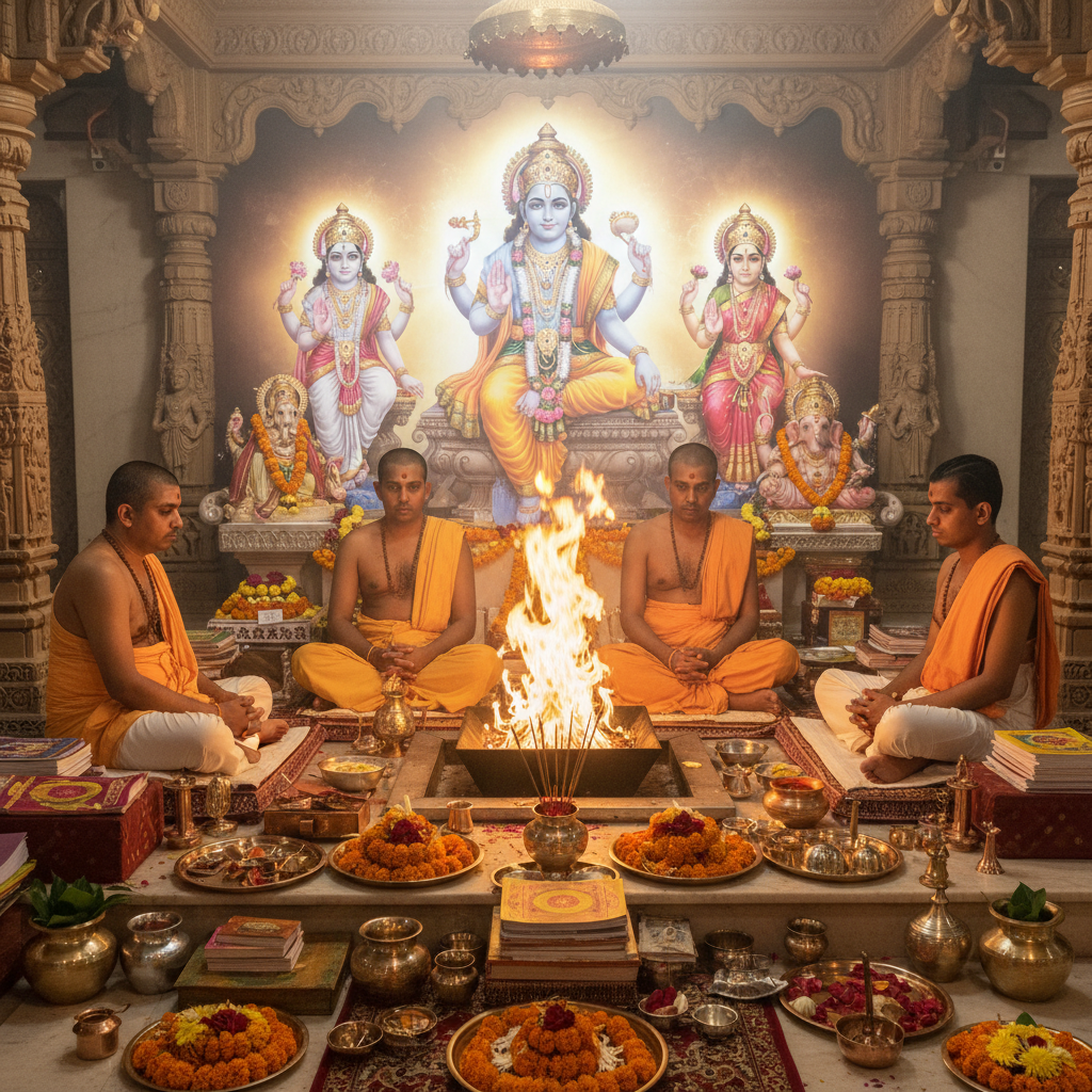 Gand Mool Nakshatra Shanti Puja, Square image of Puja with specific Lord visuals glowing in the background, 4–6 pandits sitting and performing pooja around a havan kund, traditional setup, spiritual atmosphere, high-quality.