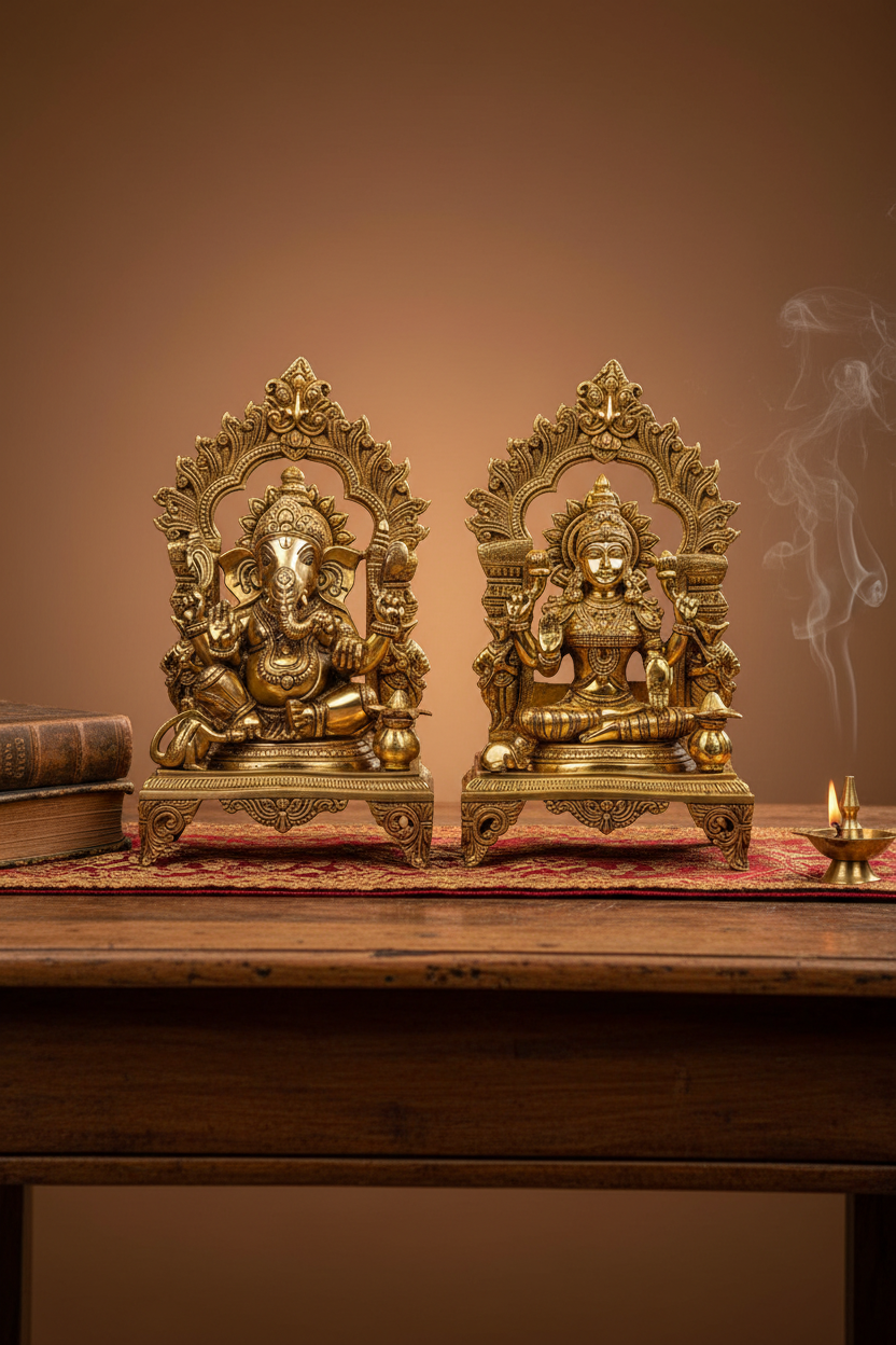 Ganesh Lakshmi Brass Idol Pair - Premium Studio Photography