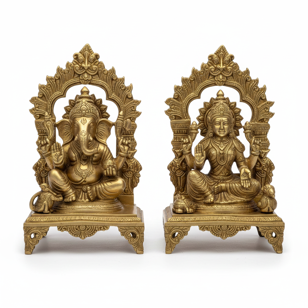 Ganesh Lakshmi Brass Idol Pair - White Background