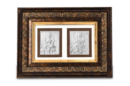 Ganesh Laxmi in Silver with Wooden Frame