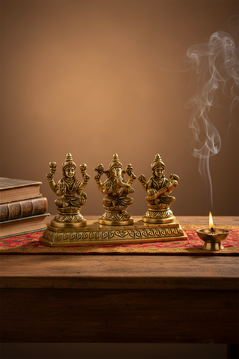 Ganesh Laxmi Saraswati Brass Idol - Premium Studio Photography