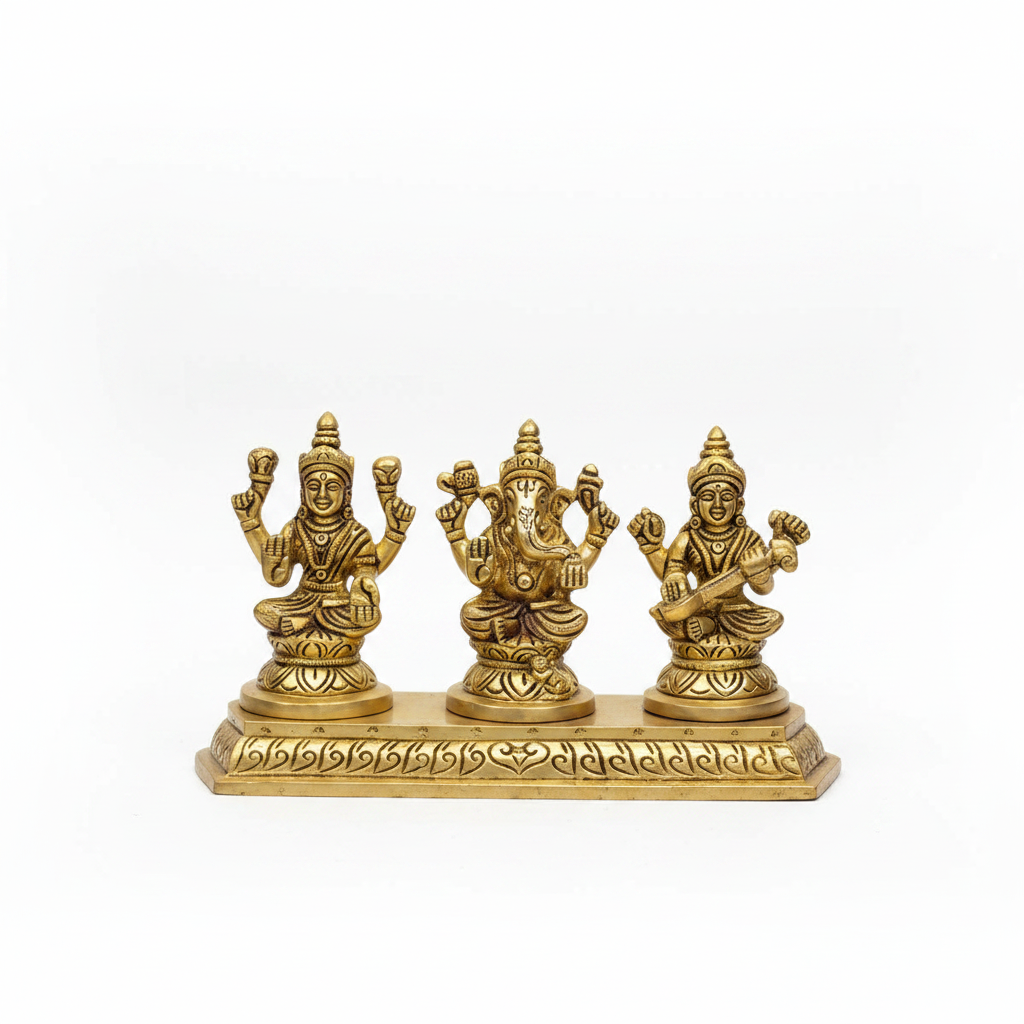 Ganesh Laxmi Saraswati Brass Idol - White Background