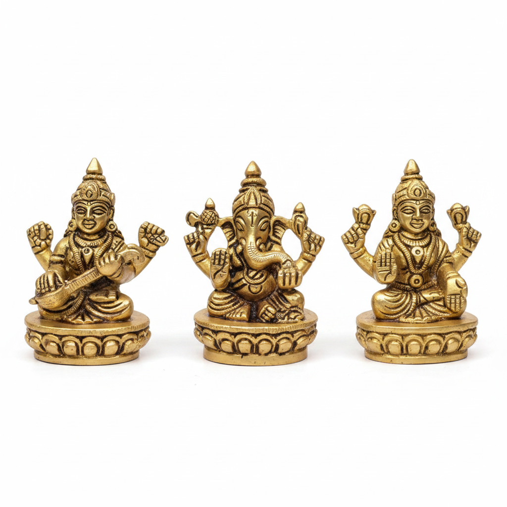 Ganesh Laxmi Saraswati Brass Idols Set of 3 - White Background