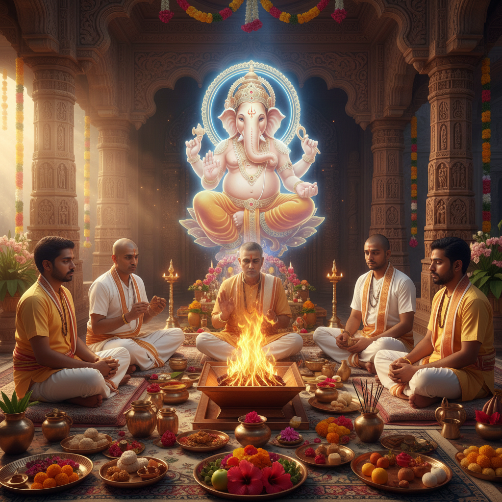 Ganesha Puja For Removing Obstacles, Square image of Puja with specific Lord visuals glowing in the background, 4–6 pandits sitting and performing pooja around a havan kund, traditional setup, spiritual atmosphere, high-quality.