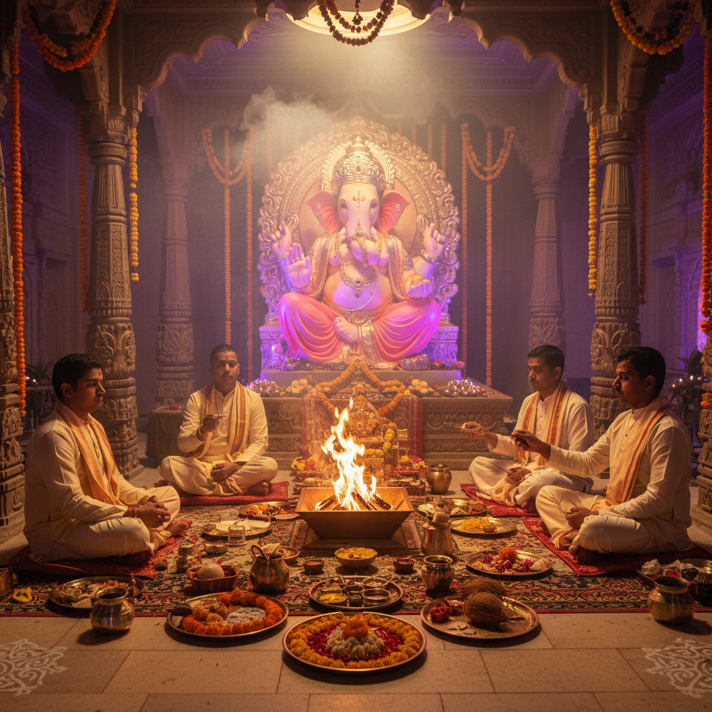 Ganesha Puja (Puja for warding off evil and bringing good fortune),Square image of  Puja with specific Lord visuals glowing in the background, 4–6 pandits sitting and performing pooja around a havan kund, traditional setup, spiritual atmosphere, high-quality.