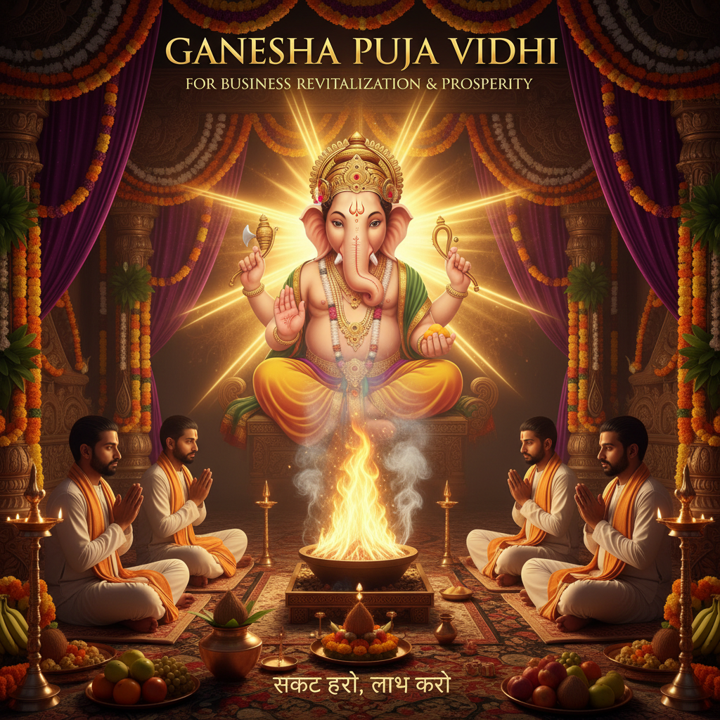 Ganesha Puja Vidhi for Turning around a Loss Making Business, Square image of  Puja with specific Lord visuals glowing in the background, 4–6 pandits sitting and performing pooja around a havan kund, traditional setup, spiritual atmosphere, high-quality.