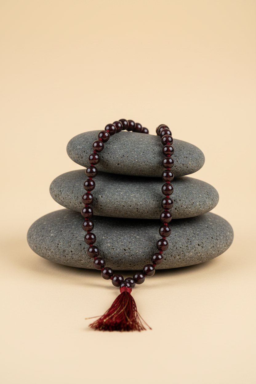 Natural Garnet Knotted Mala – 5 mm Gemstone Beads
