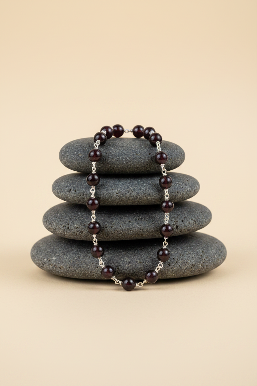 Natural Garnet 925 Silver Wire Mala – 8 mm Gemstone Beads