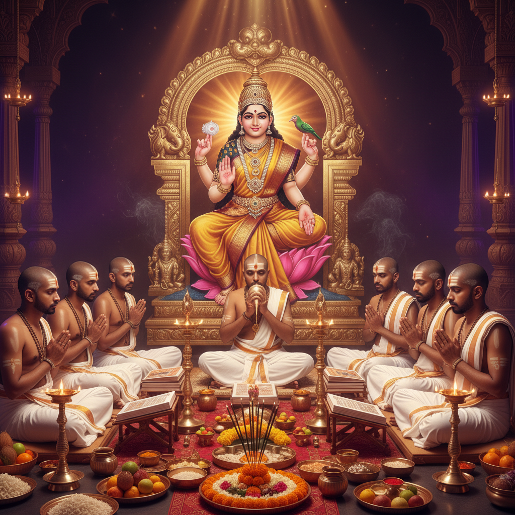 Goddess Kamakshi devi in bg, 8 pandits, square img