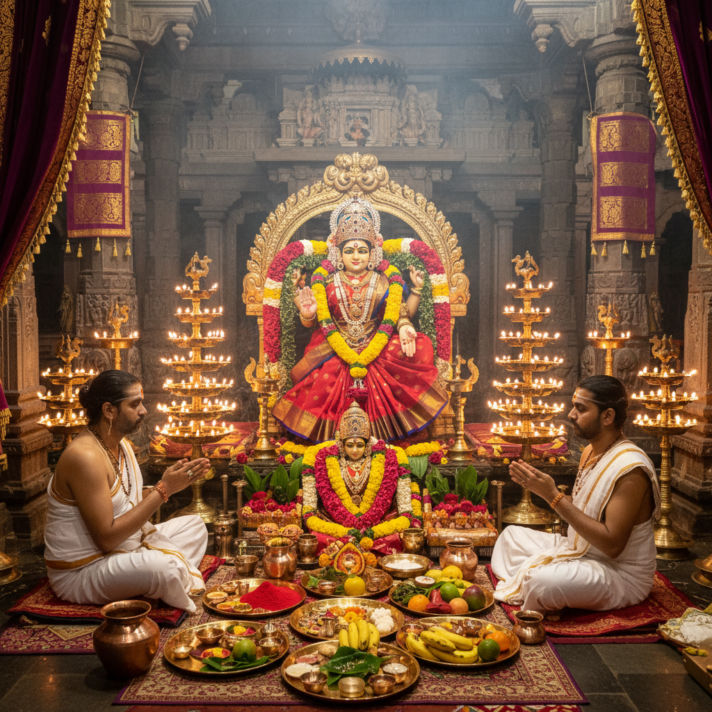 Goddess Tripura Sundari Puja at Tripureshwari Temple, 2 pandits, square img