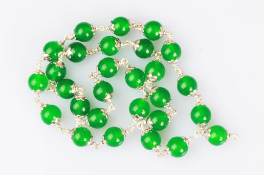 Green Agate Round Mala in Silver-72+1 Beads