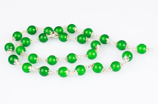 Green Agate Round Mala in Silver-72+1 Beads