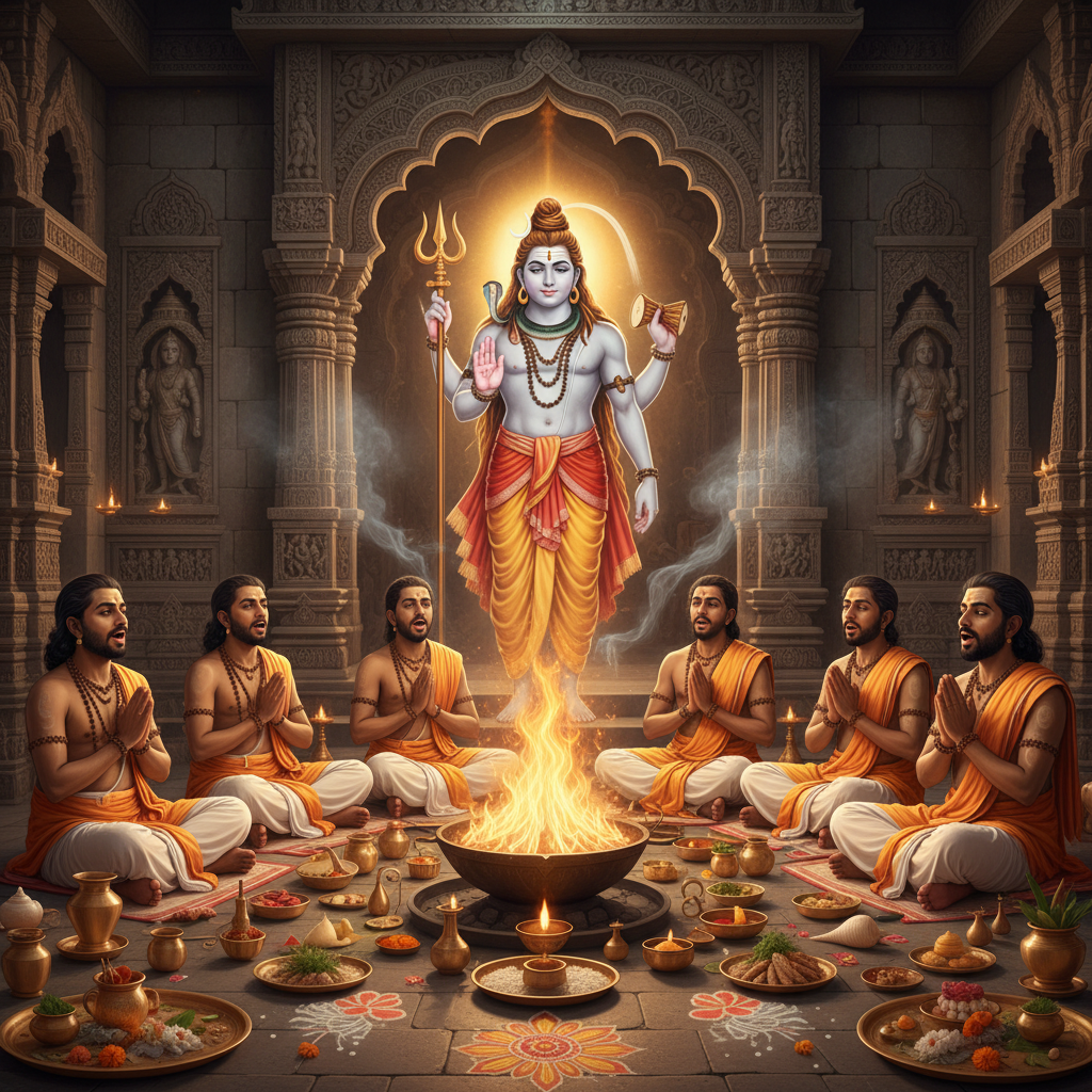 Group Tripindi Shradh Puja at Trimbakeshwar, Square image of  Puja with specific Lord visuals glowing in the background, 4–6 pandits sitting and performing pooja around a havan kund, traditional setup, spiritual atmosphere, high-quality.