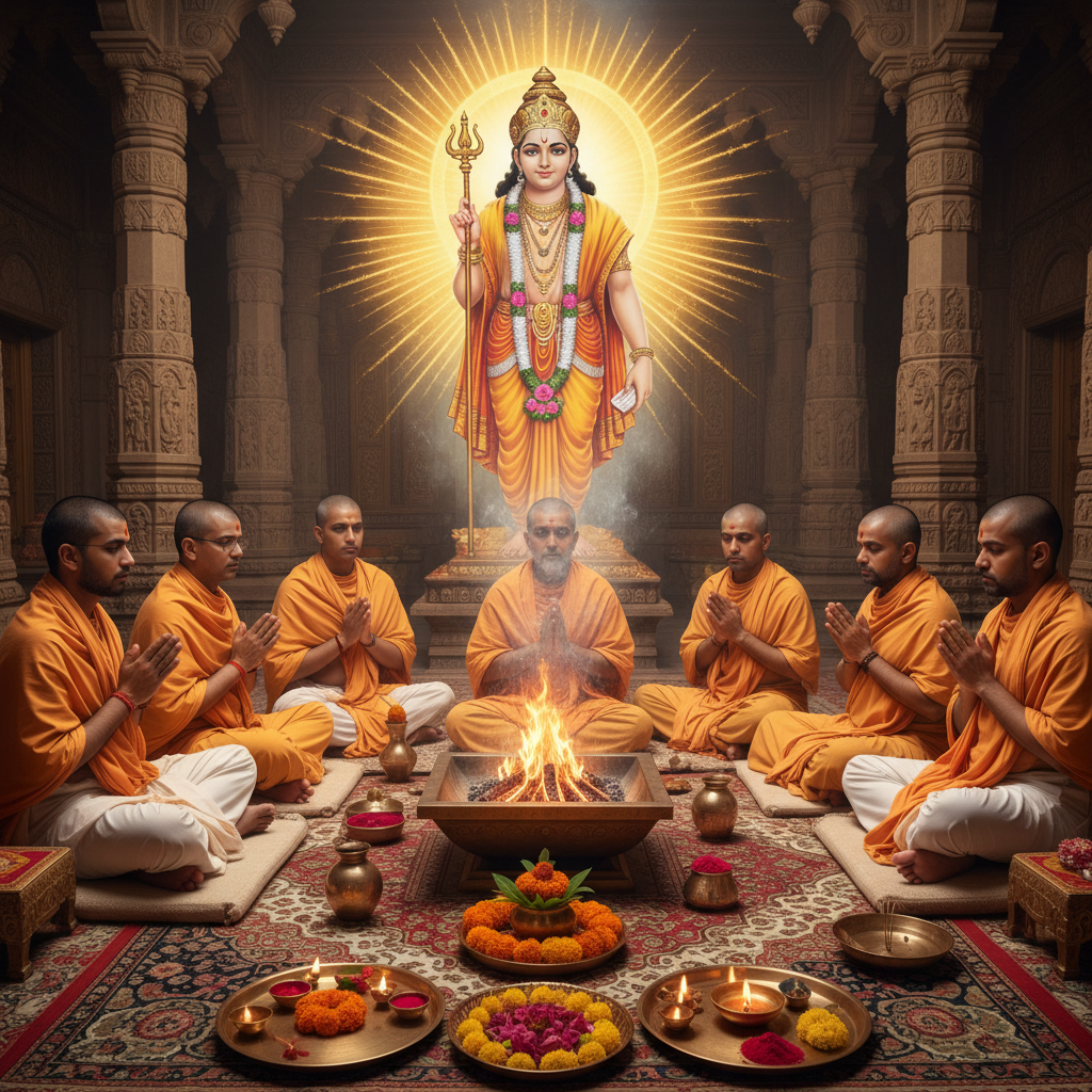 Guru (Jupiter) Puja and Jaap, Square image of  Puja with specific Lord visuals glowing in the background, 4–6 pandits sitting and performing pooja around a havan kund, traditional setup, spiritual atmosphere, high-quality.