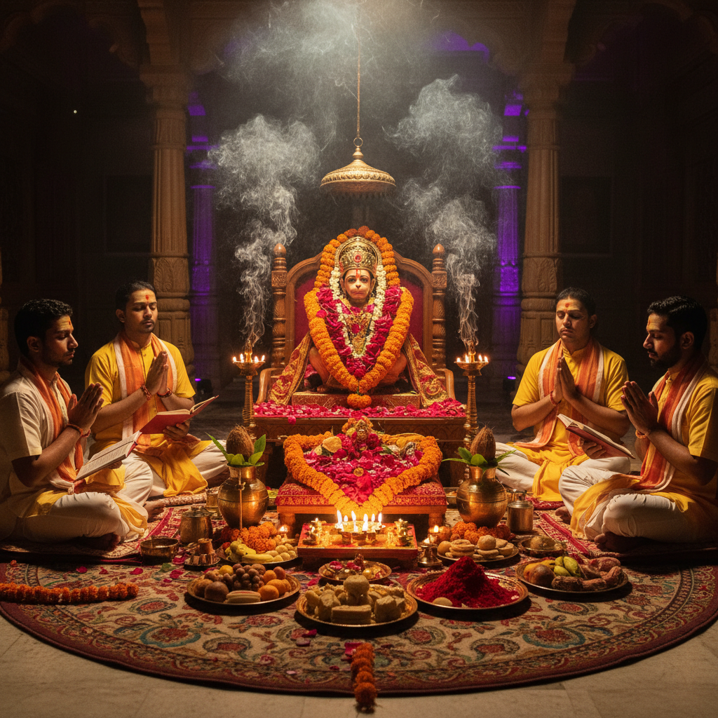 Hanuman Puja or Anjaneya Swamy Pooja Vidhanam 5 pandits doing pujas, square img