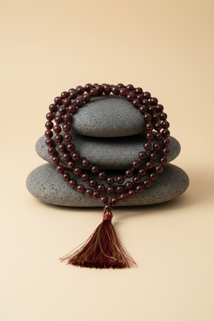 Natural Gomed (Hessonite Garnet) Round Bead Mala – 8mm | 72+1 Beads