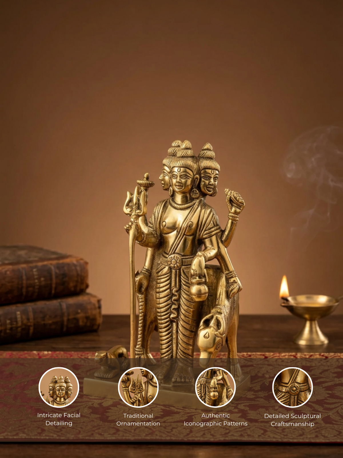 Pure Brass Lord Dattatreya Murti 6 Inch Handcrafted Idol for Home Mandir Puja Room and Gifting