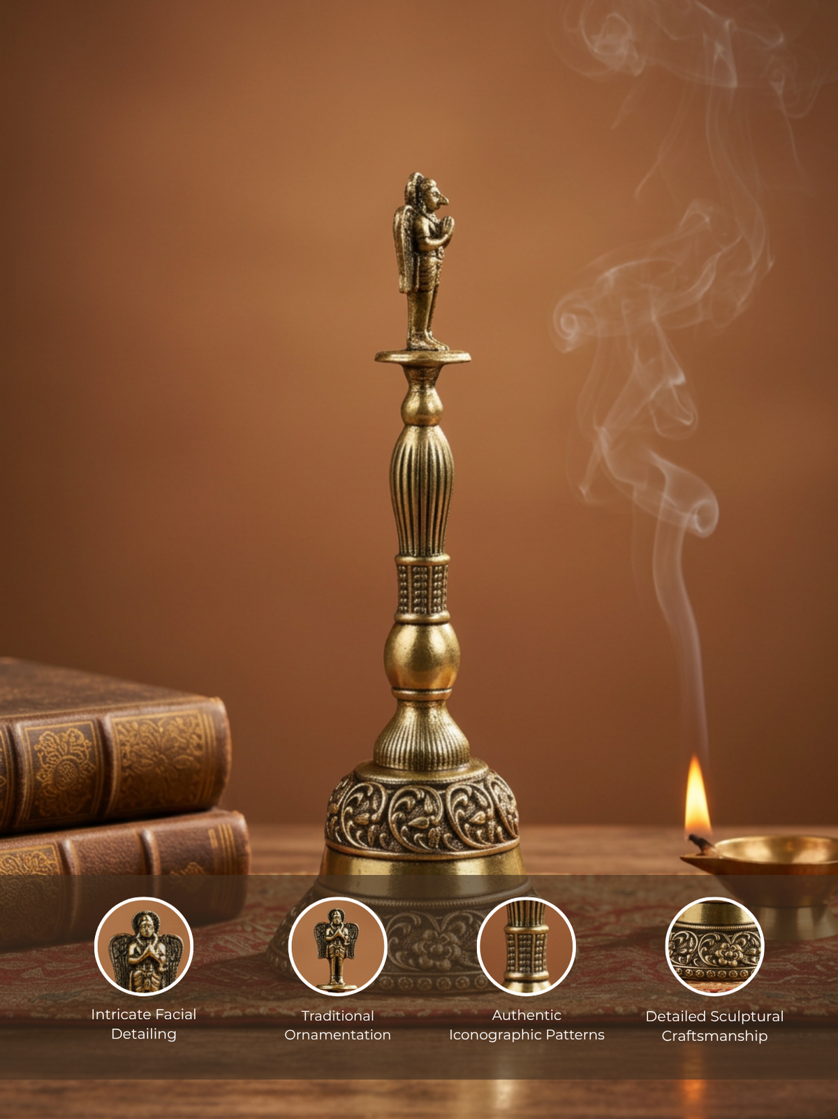 Ashtadhatu Standing Garud Puja Ghanti - Sacred Bell for Vishnu Pooja