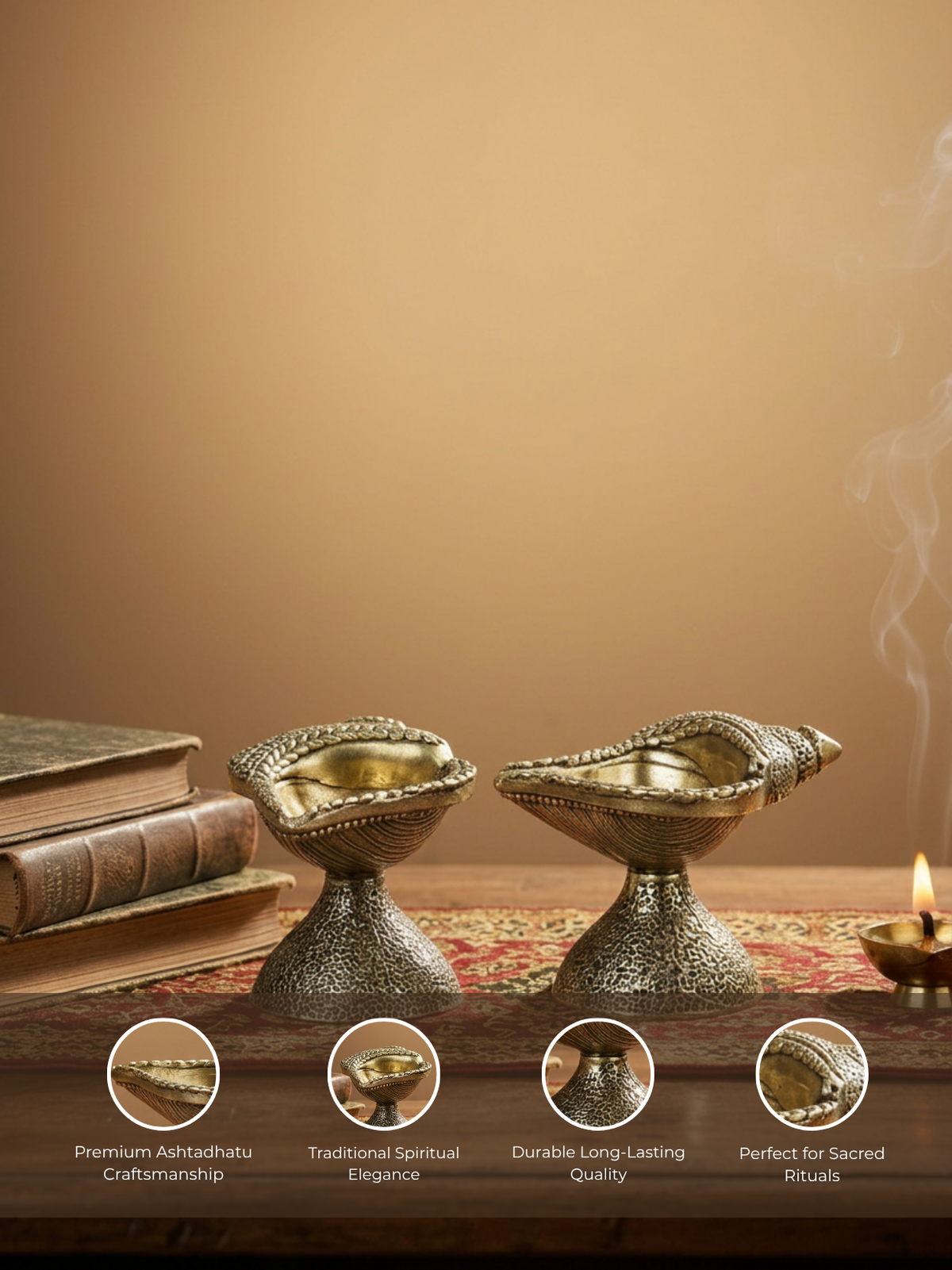 Ashtadhatu Shankh Diya Set of 2 Sacred Conch Shell Puja Diya