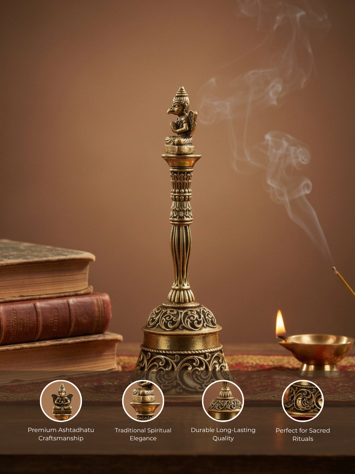 Ashtadhatu Sitting Garud Puja Ghanti Sacred Bell for Vishnu Puja and Home Mandir