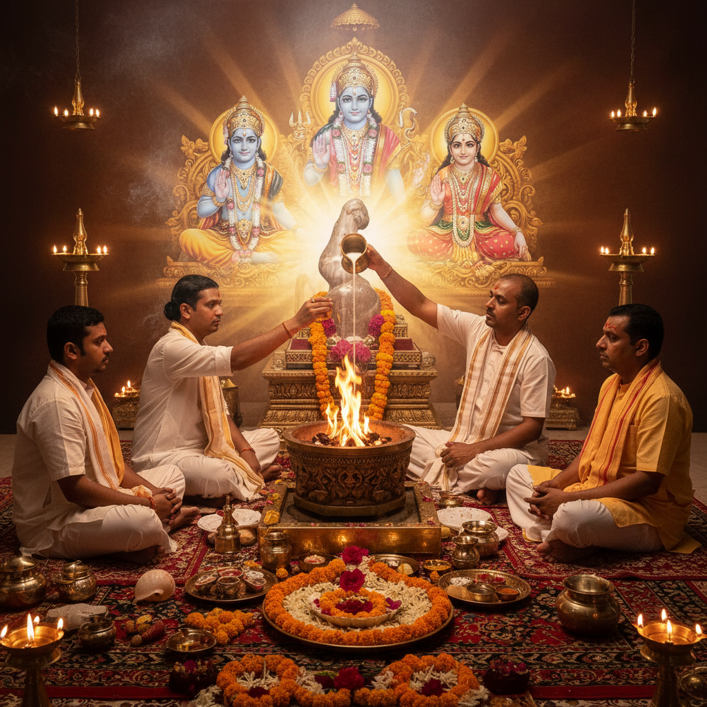 Janmadin Puja (Birthday Puja)-With Milk Abhishek, Square image of  Puja with specific Lord visuals glowing in the background, 4–6 pandits sitting and performing pooja around a havan kund, traditional setup, spiritual atmosphere, high-quality.