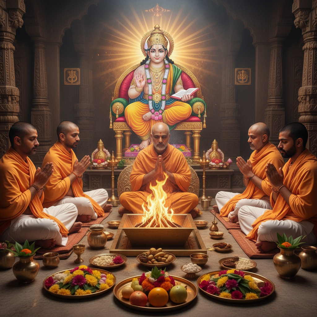 Jupiter Guru Graha Shanti puja & Guru Mantra Japam, Square image of  Puja with specific Lord visuals glowing in the background, 4–6 pandits sitting and performing pooja around a havan kund, traditional setup, spiritual atmosphere, high-quality.