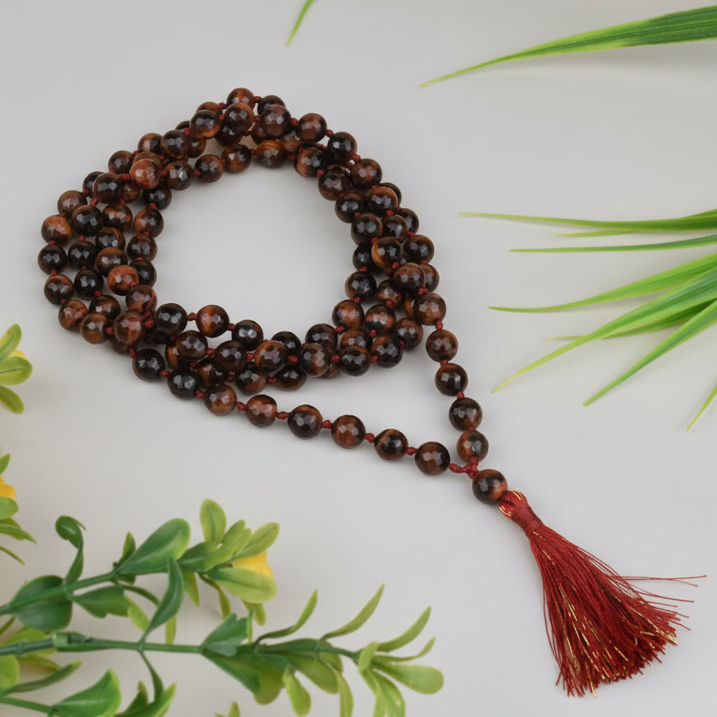 Red Tiger Eye Faceted Round Mala With Knots-6 mm