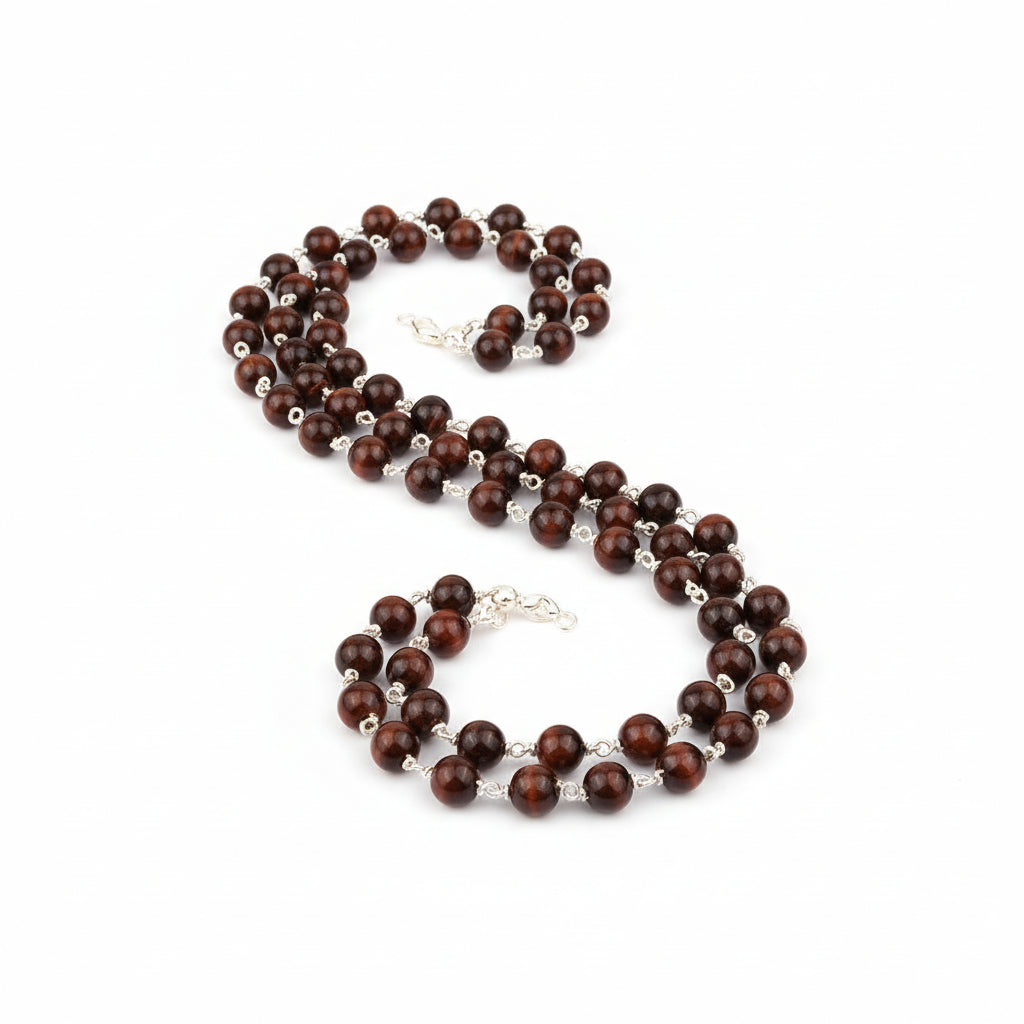 Red Tiger Eye Round Beads 925 Silver Wire Mala