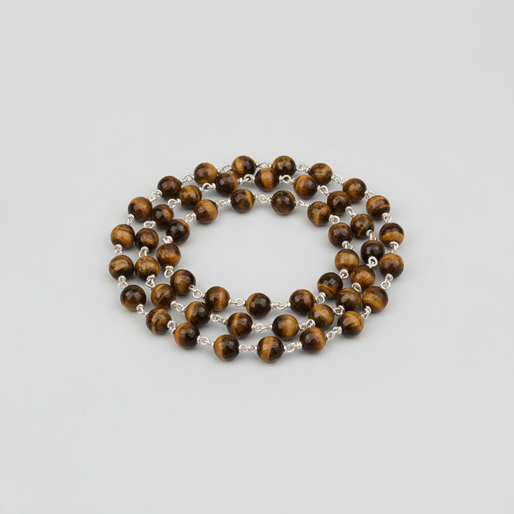 Tiger Eye Faceted Round Beads 925 Silver Wire Mala-6 mm