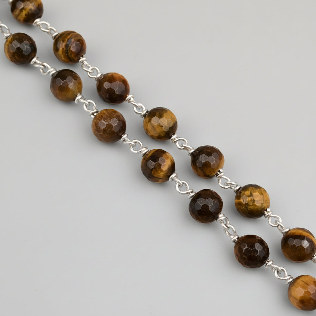 Tiger Eye Faceted Round Beads 925 Silver Wire Mala-6 mm