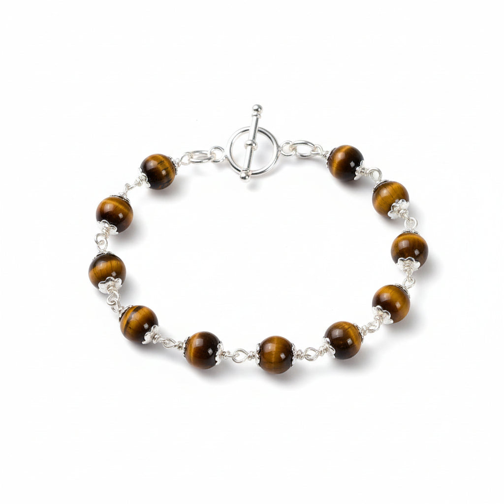 Tiger Eye 925 Silver Flower Caps Bracelet-6 mm