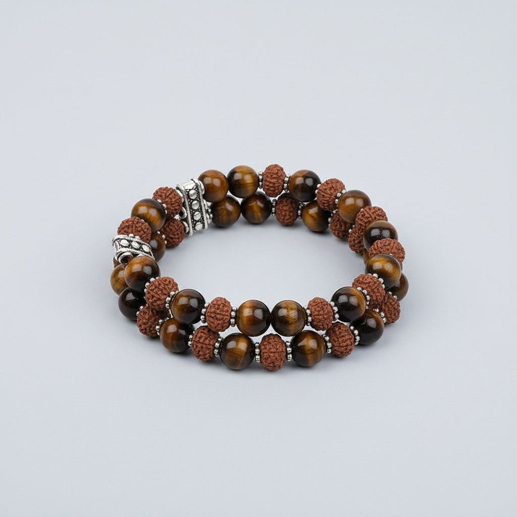 Tiger Eye & 8 Mukhi Rudraksha German Silver Designer Bracelet-6 mm