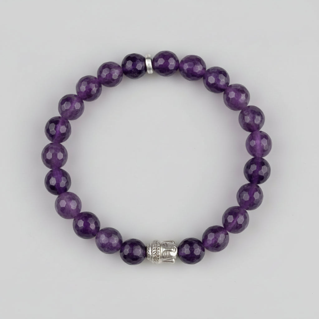 Amethyst Faceted Beads Buddha Charm Bracelet-8 mm