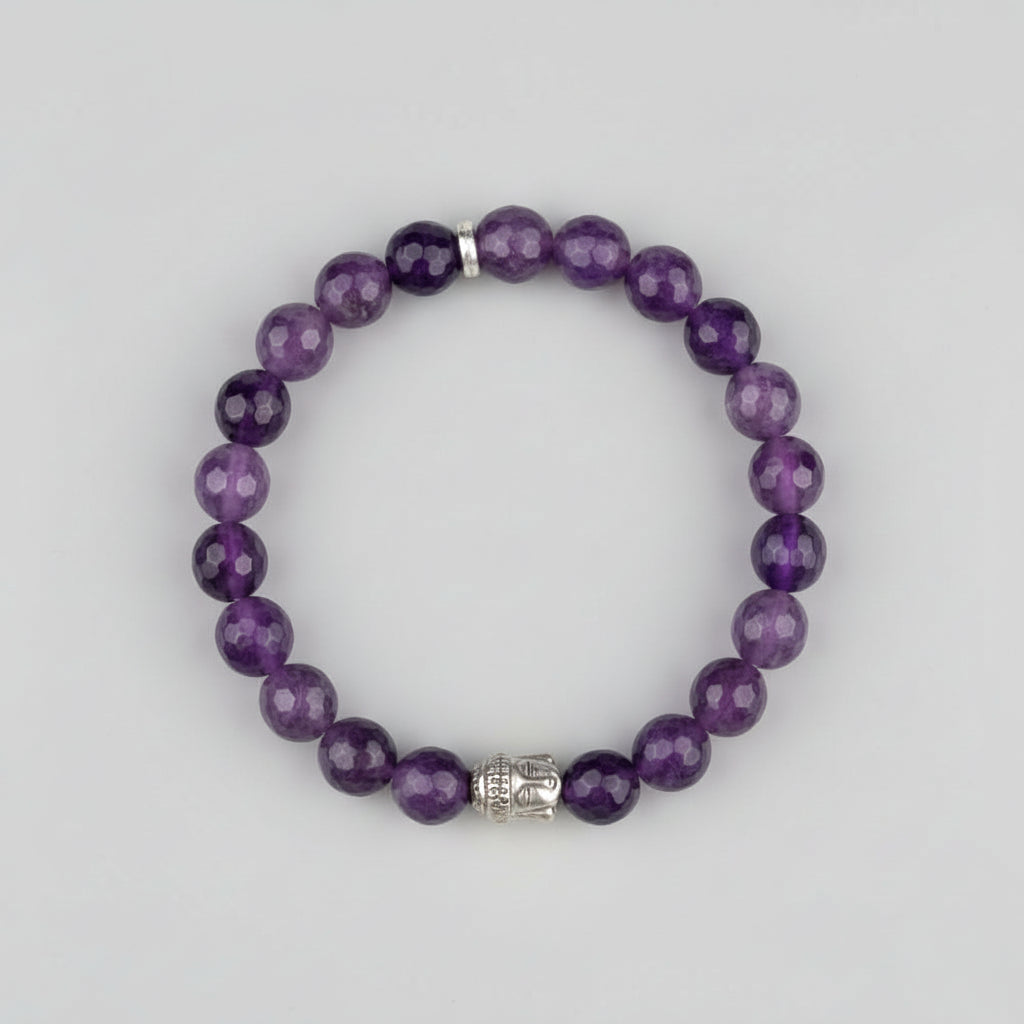 Amethyst Faceted Beads Buddha Charm Bracelet-10 mm