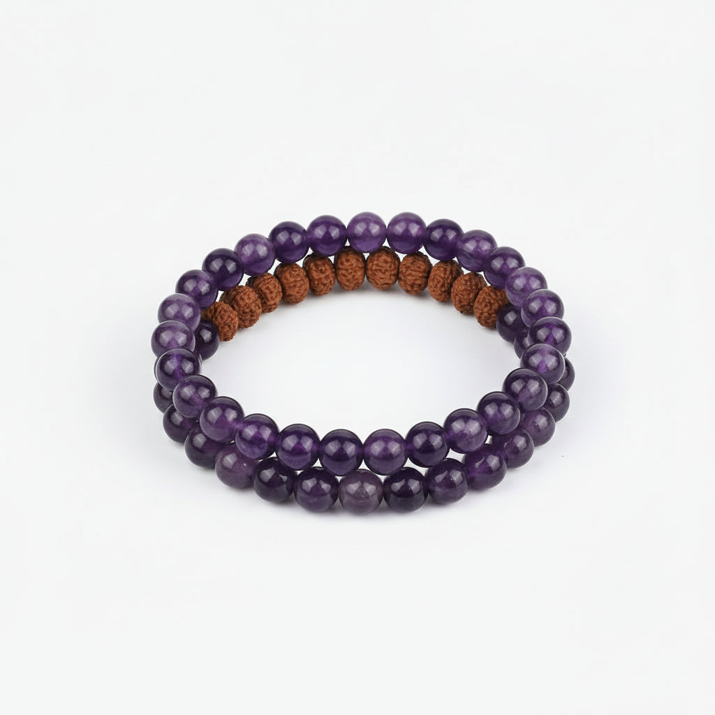 Amethyst & 9 Mukhi Rudraksha Spiral Stack Bracelet-8 mm