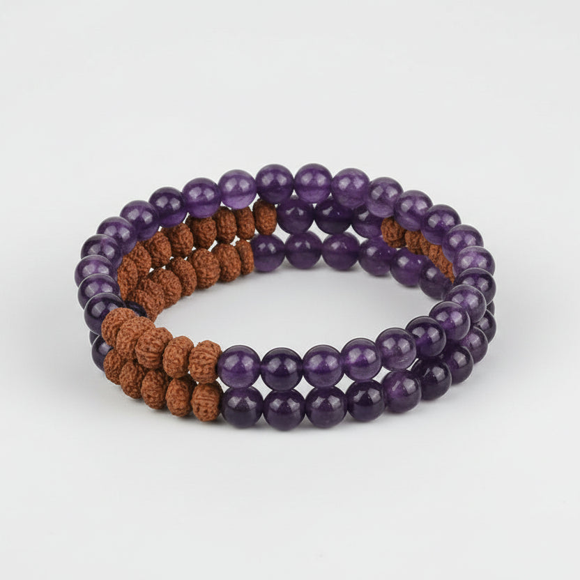Amethyst & 9 Mukhi Rudraksha Spiral Stack Bracelet-6 mm