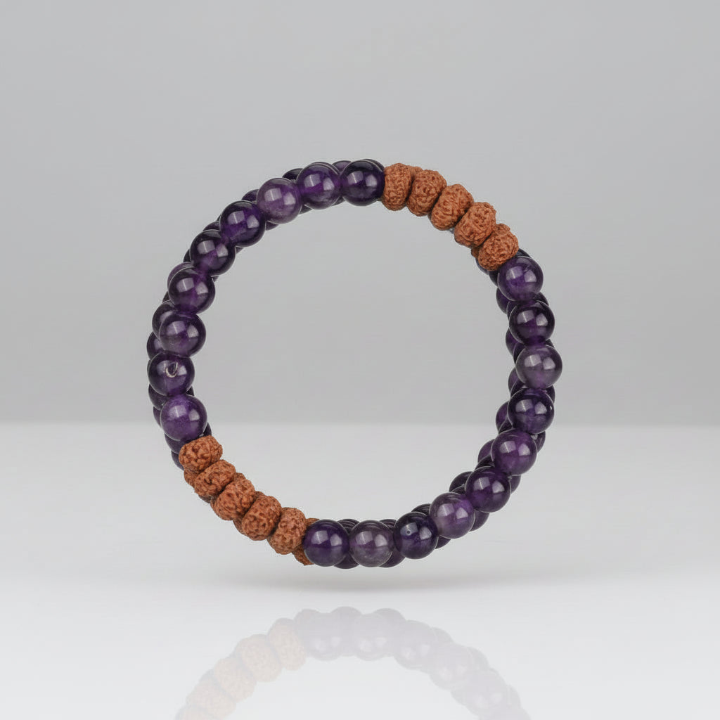 Amethyst & 9 Mukhi Rudraksha Spiral Stack Bracelet-8 mm