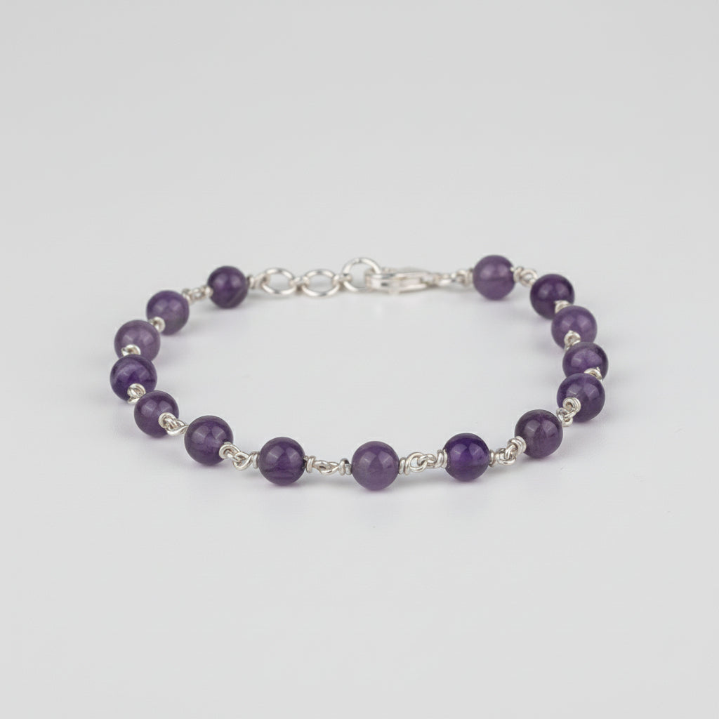 Amethyst 925 Silver Wire Bracelet-6 mm