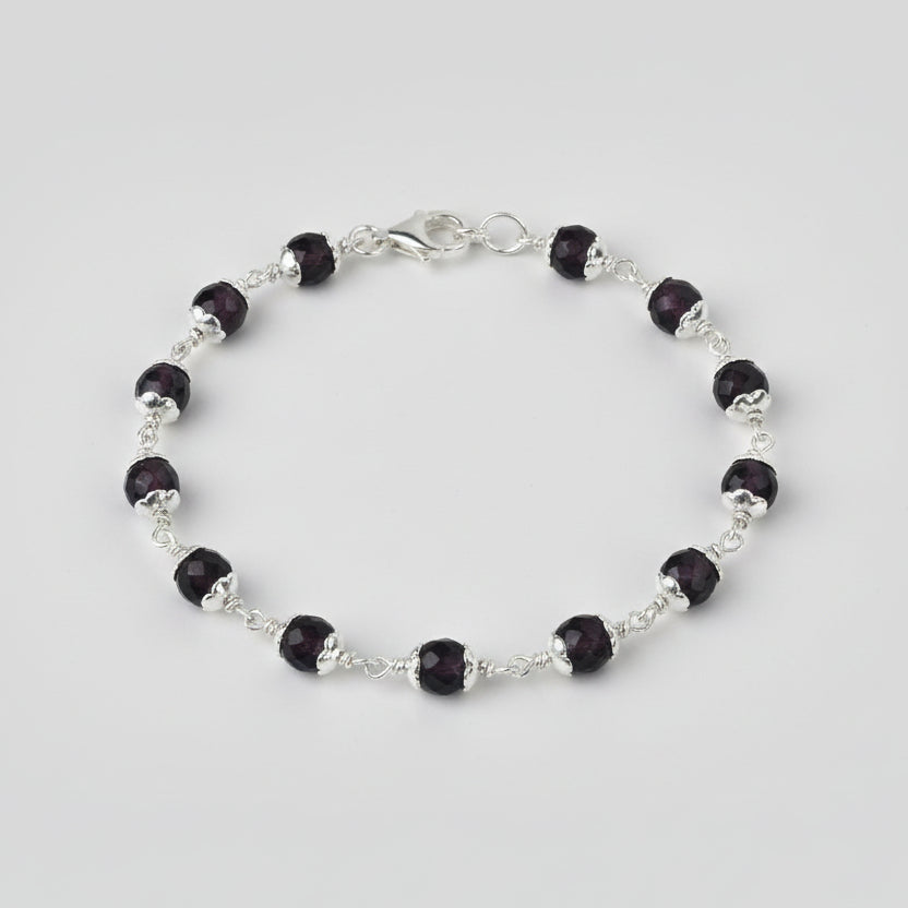 Amethyst Faceted Beads 925 Silver Flower Caps Bracelet-8 mm
