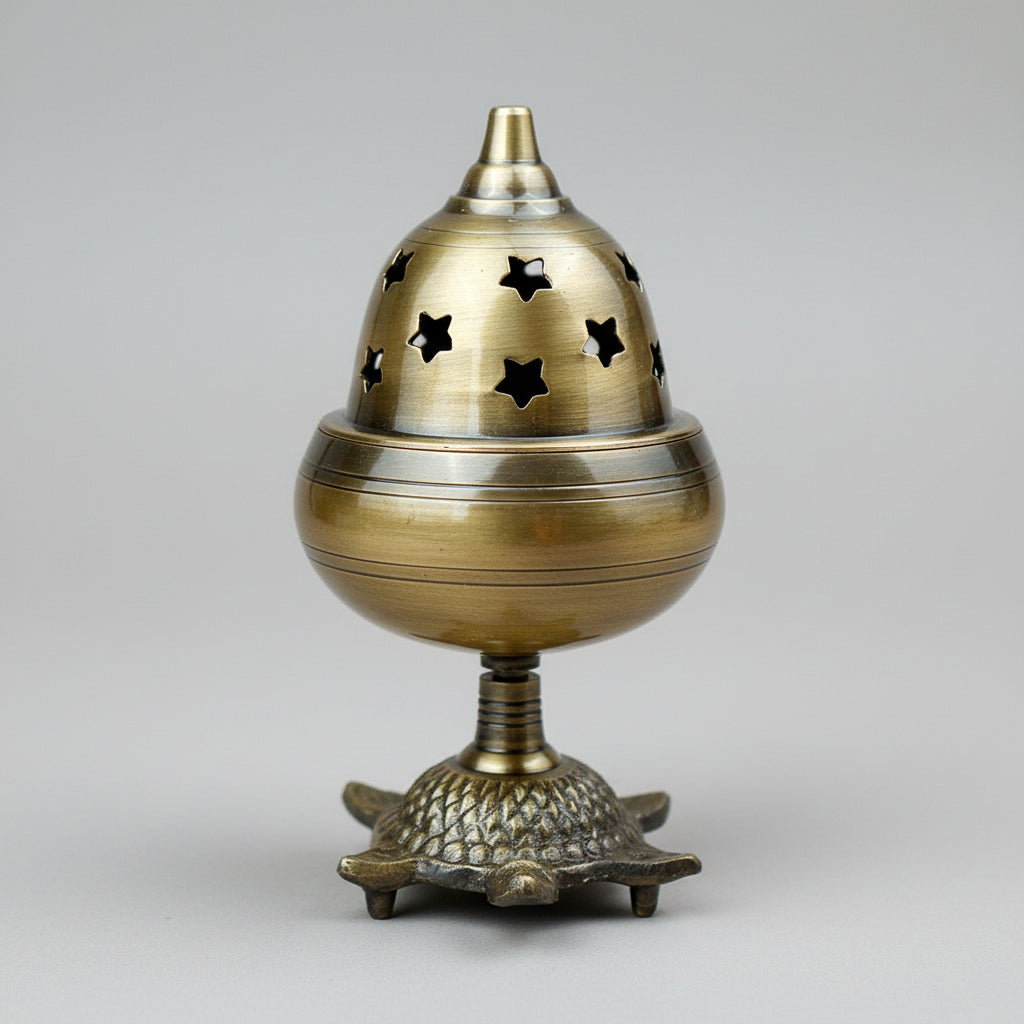 Brass Apple Diya with Cover on Kurma-Antique Finish