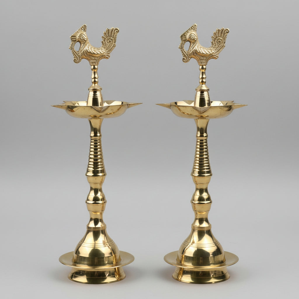 Brass Fancy Kerala Peacock Samai Diya (Set of 2)-Large