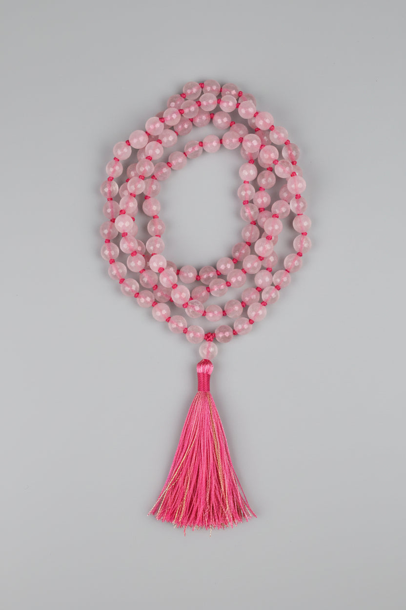 Rose Quartz Faceted Beads Knotted Mala-8 mm