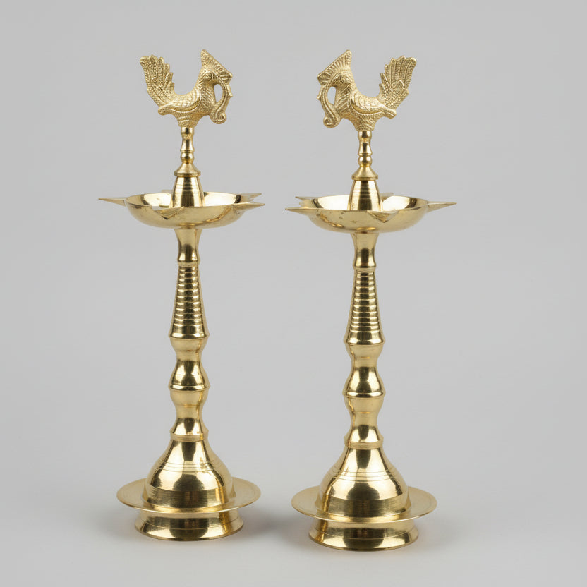 Brass Fancy Kerala Peacock Samai Diya (Set of 2)-Large