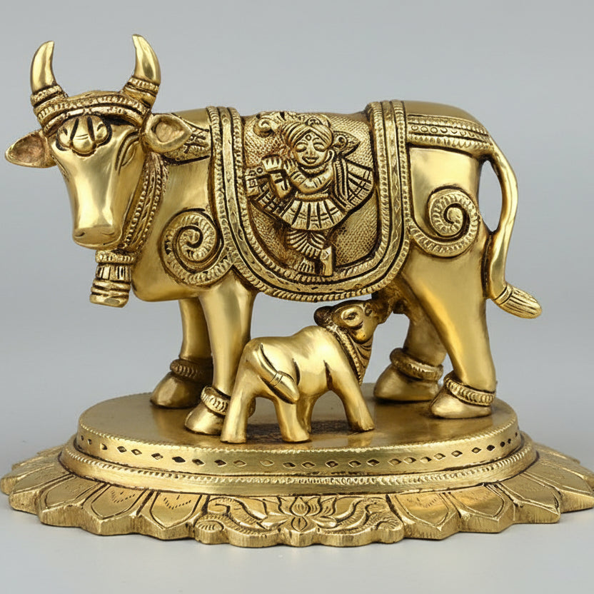 Surbhi Cow & CalfGau Mata) With Bansuri Krishna & Peacock Engraving