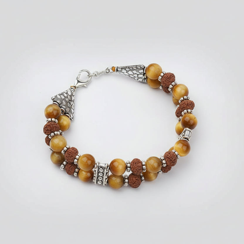 Brown Cats Eye & 8 Mukhi Rudraksha Double Layer Bracelet-6 mm