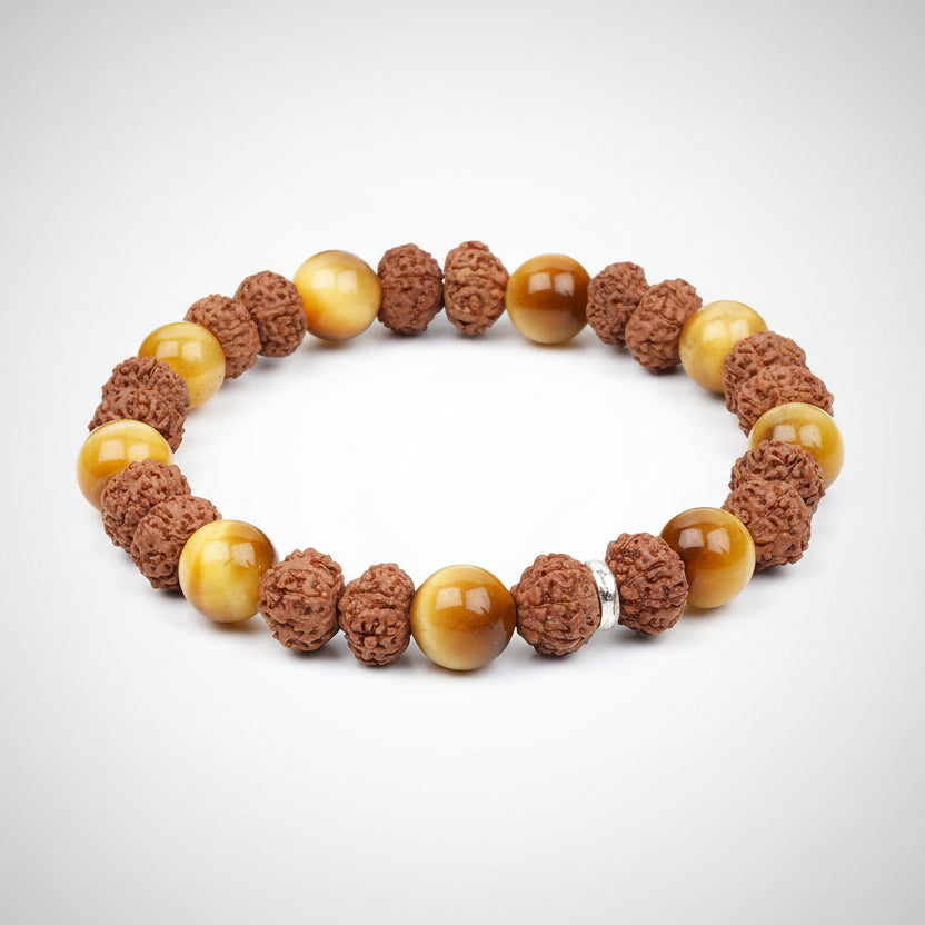 Brown Cats Eye & 8 Mukhi Rudraksha Bracelet-8 mm