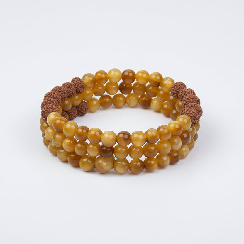 Brown Cats Eye & 8 Mukhi Rudraksha Spiral Stack Bracelet-8 mm
