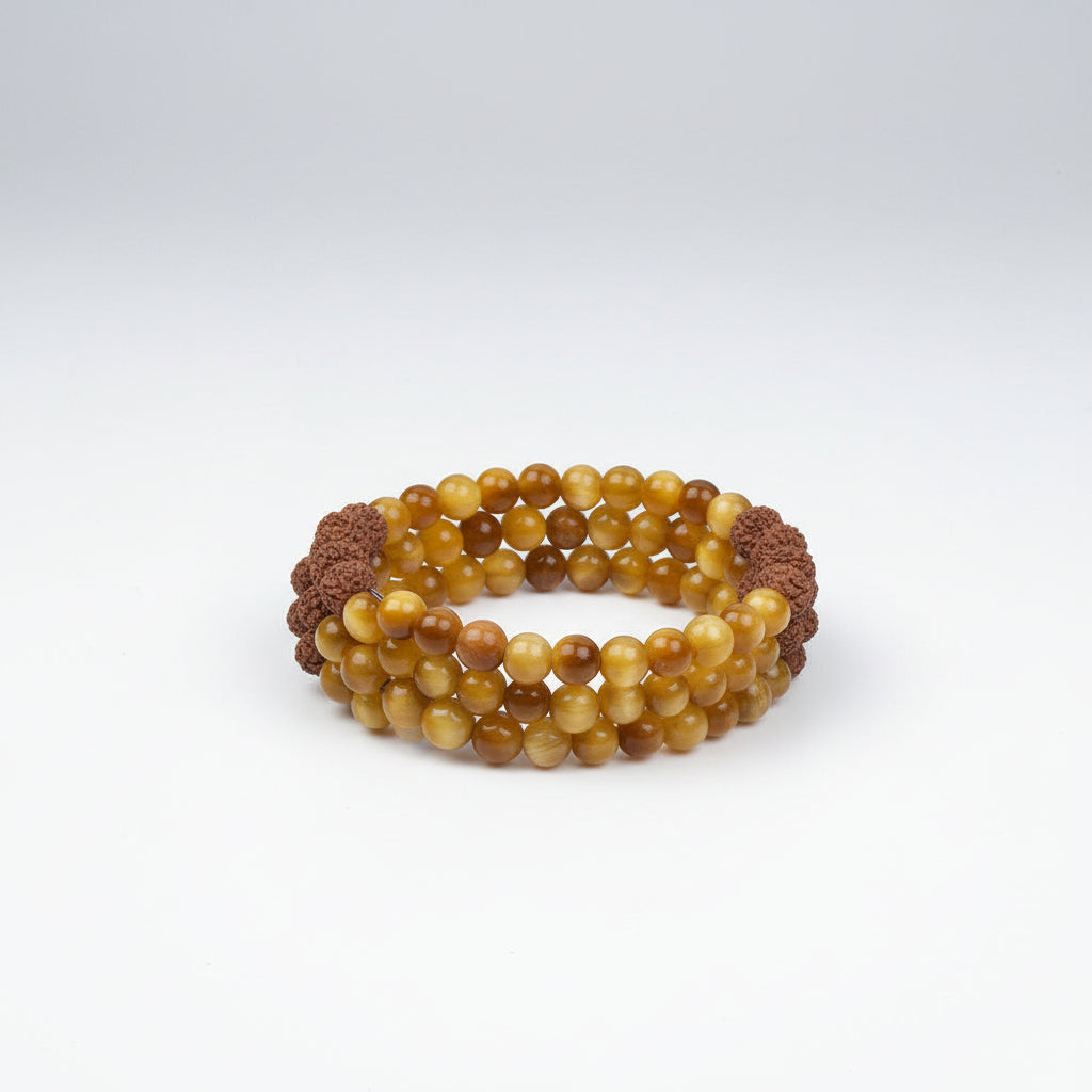 Brown Cats Eye & 8 Mukhi Rudraksha Spiral Stack Bracelet-6 mm