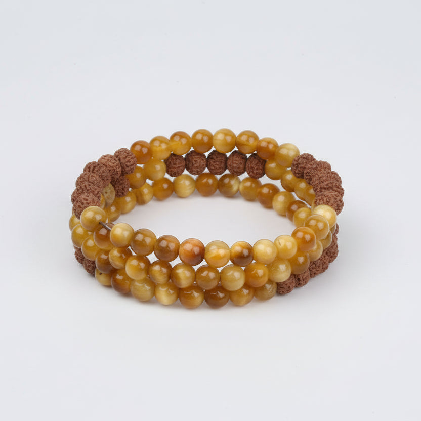 Brown Cats Eye & 8 Mukhi Rudraksha Spiral Stack Bracelet-8 mm