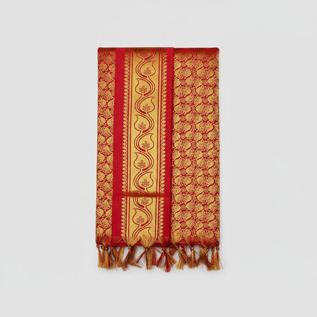Golden Peepal Leaf Design Silk PUJA Shawl-Green